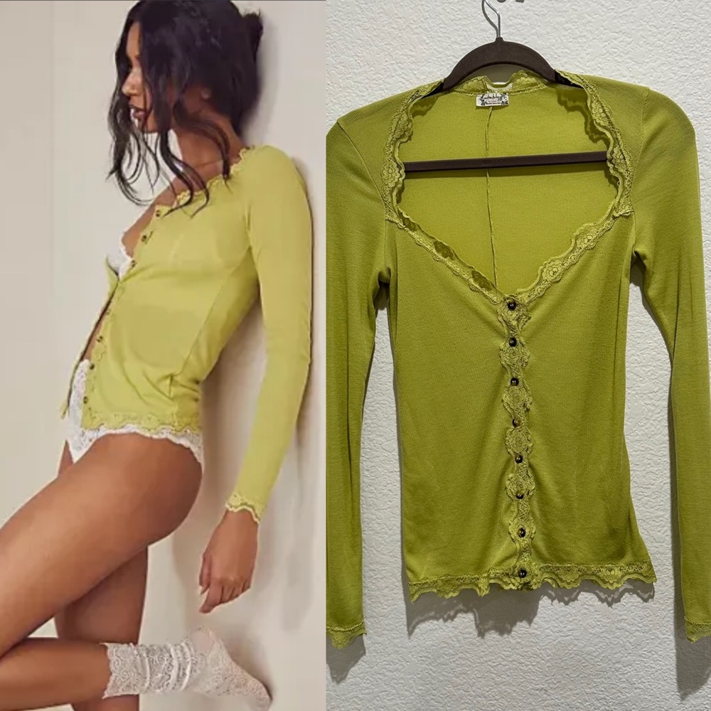 INTIMATELY FREE PEOPLE Keep It Simple Ribbed Lace Trim Long Sleeve Green…